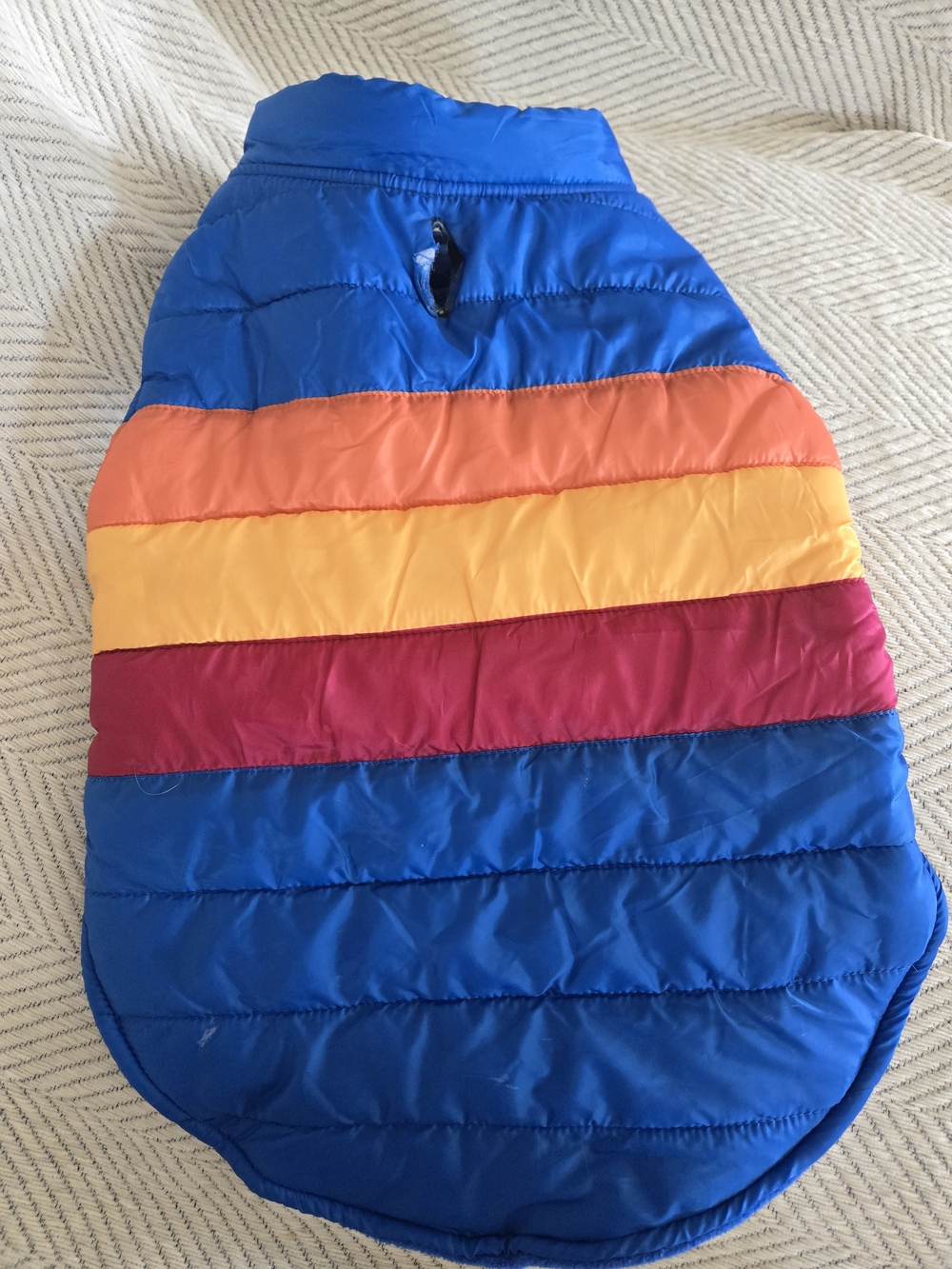 Top Paw Blue Puffer Dog Jacket with Rainbow Stripes